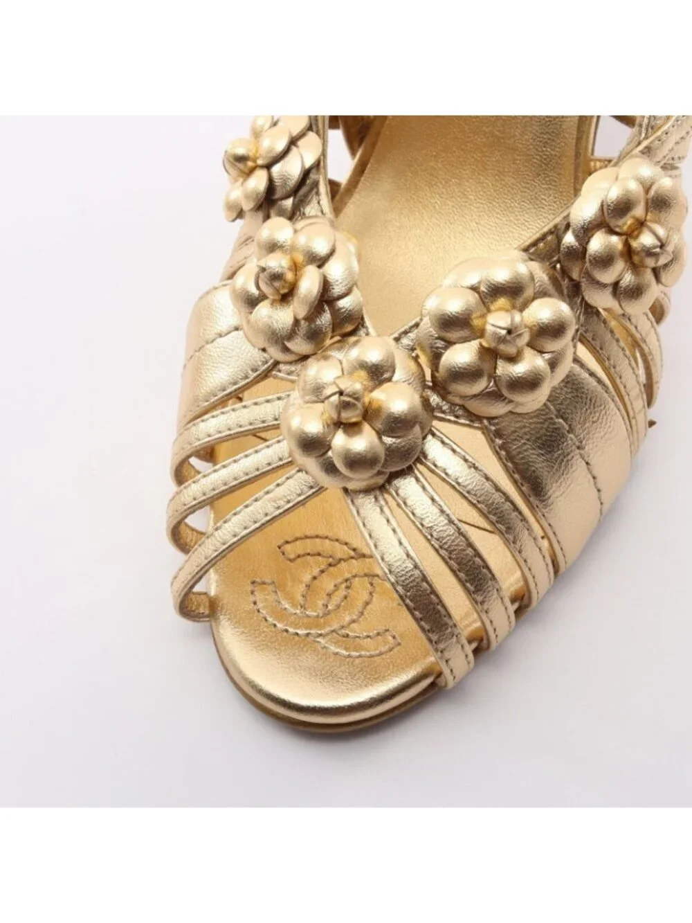 Chanel Sandals Camellia Leather Mules Gold